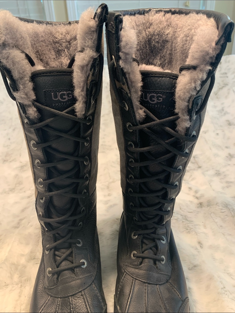 UGG Black Leather Tall Lace-Up Shearling Boots
